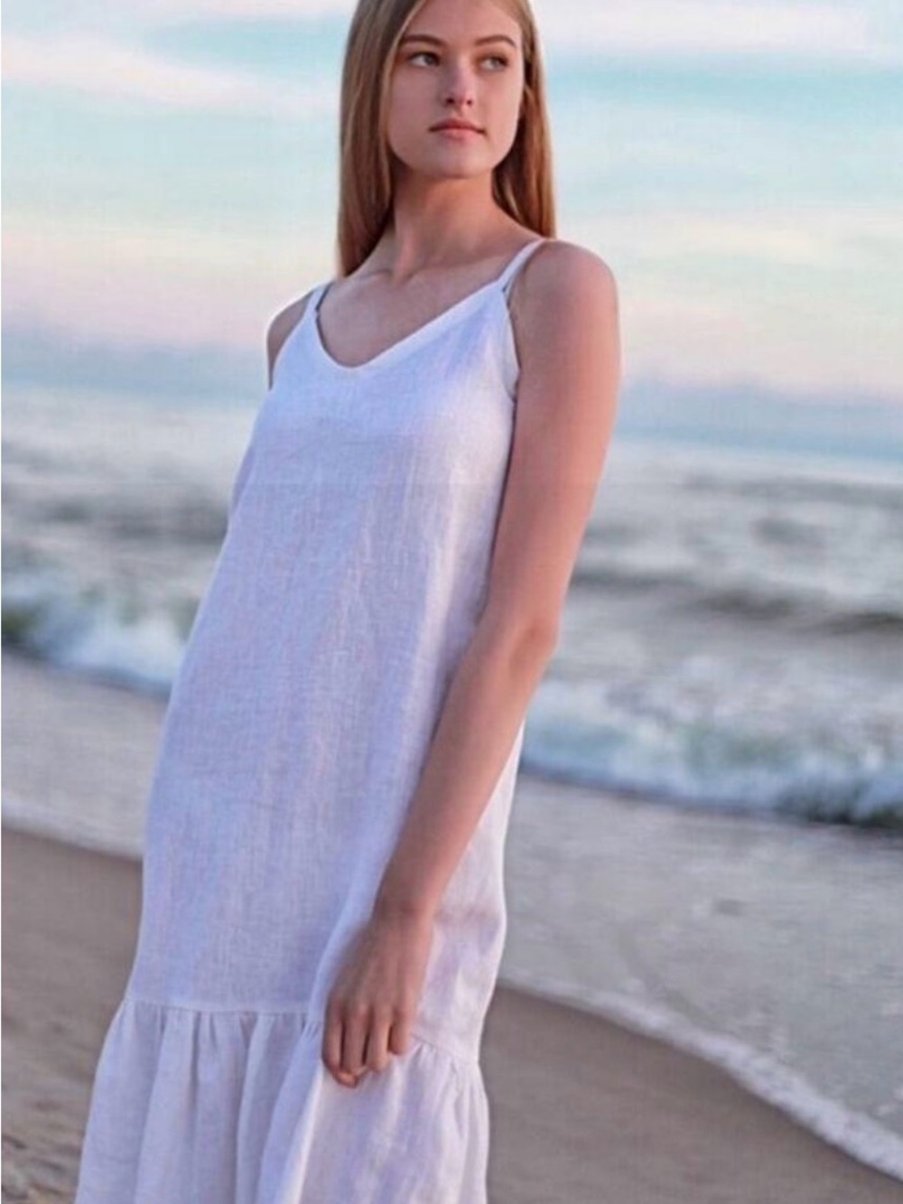 White Linen V-Neck Beach Coverup Dress - Women Swim Coverup